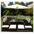 6 to 12 Seat BlackBrown mix weave with Cover & Parasol Armchairs and Table